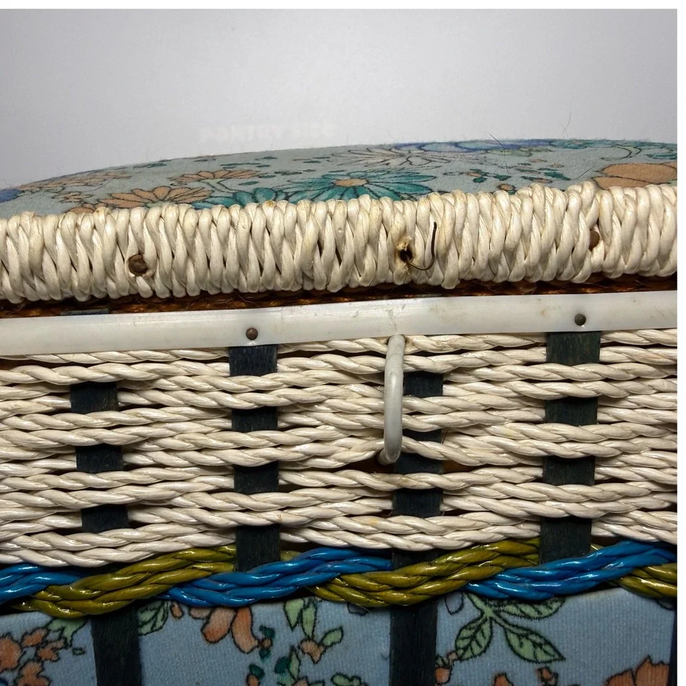 Mid Century Wicker Sewing Basket Floral Fabric Red Satin Lining Cottagecore
